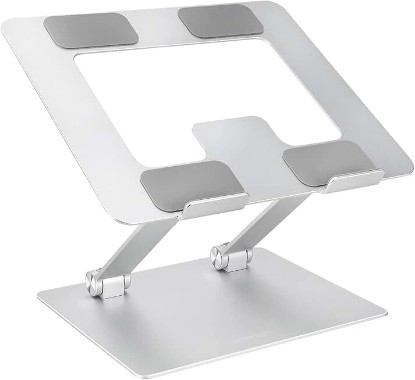 Picture of Amazon Basics Sturdy and Portable Ergonomic Laptop Stand for Desk, Height Adjustable Riser with Ventilated Cooling, Foldable, Fits all Laptops up to 15.6 Inch, Silver