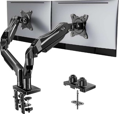 Picture of HUANUO FlowLift™ Dual Monitor Stand, Fully Adjustable Gaming Monitor Desk Mount for 13–32″ Computer Screens, Full Motion VESA 75x75/100x100 with C-Clamp & Grommet Base, Each Arm Holds 4.4 to 19.8 lbs