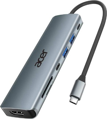 Picture of Acer USB C Hub, 7 in 1 Multi-Port Adapter for Laptop/Mac Type C Devices | 4K USB C to HDMI Splitter Hub, 100W Max PD Port, 2 USB 3.0 & 1 USB C Data Ports 5Gbps, SD/TF Card Reader Recycled Claim Standard 100 ClimatePartner certified