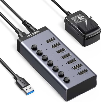 Picture of UGREEN Powered USB Hub 3.0, 7-Ports USB Adapter with 4 Smart Charging Ports | 5Gbps Data Transfer USB Splitter with Individual Led On/Off Switches and 12V/2A Power Adapter, USB Ports Extender for Laptop