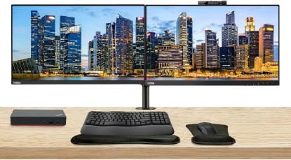 Picture of Lenovo ThinkVision T24v 24-inch, 2-Pack Bundle with T24i, HDMI, DisplayPort, Webcam, Speaker, Microphone, Dual Monitor Stand, ThinkPad USB-C Dock, MK670 Wireless Keyboard & Mouse, Mouse & Wrist Pad