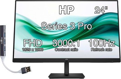 Picture of HP 24" Series 3 Pro 324pv FHD Monitor with 5 ms Response Time, Anti-Glare | Flicker Free, VESA Mount (100x100mm), HDMI, VGA & Dockztorm USB Port Expander, Black