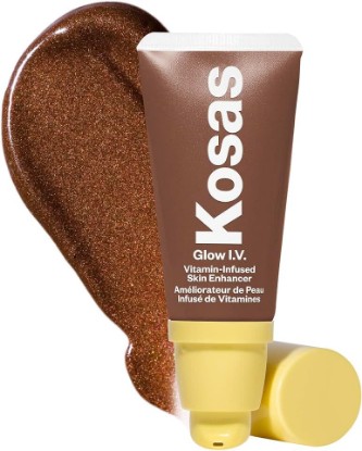 Picture of Kosas Glow I.V. Face Illuminator and Liquid Highlighter, Energize | Vitamin-infused liquid illuminator to hydrate and add customizable radiance when worn alone, under makeup or mixed in.