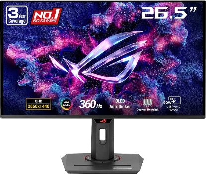 Picture of ASUS ROG Strix 26.5” 1440P QD-OLED Gaming Monitor (XG27ACDNG) -QHD (2560x1440), 360Hz, 0.03ms, Custom Heatsink, OLED Care+, G-SYNC Compatible, 99% DCI-P3, DisplayWidget, AI Gaming, 3yr Warranty | OLED Care Plus, Custom Heatsink, 0.03ms, G-SYNC Compatible, 99% DCI-P3, for PS5 and Xbox, DP 1.4, HDMI 2.1