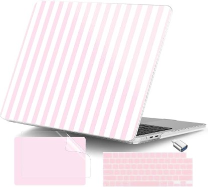 Picture of DONGKE for MacBook Air 15 inch Case M5 M4 M3 M2 Chip 2026 2025 2024 2023 Release (Model A3448 A3241 A3114 A2941), Hard Shell Case with Keyboard Cover & Type C Adapter, Pink & White Stripes