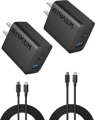 Picture of Anker Phone Charger, 20W USB C Charger Block, Type C Charger Fast Charging | For iPhone 17/17 Plus/17 Pro Max/16/16 Plus/16 Pro Max/15 Pro Max/iPad Pro and More (2-Pack with 2 Cables, Black) ClimatePartner certified