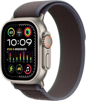 Picture of Apple Watch Ultra 2 [GPS + Cellular 49mm] Smartwatch with Rugged Titanium Case & Blue/Black Trail Loop S/M. Fitness Tracker, Precision GPS, Action Button, Extra-Long Battery Life Carbon Neutral Certified by SCS Global Services