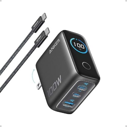 Picture of Anker 100W Max USB C Charger, 3-Port GaN Phone Charger with Smart Display | Ultra-Compact Fast Laptop Charger with Touch Control for iPhone 17 Series,iPad,MacBook Pro/Air(Include Cable,Non-Battery) ClimatePartner certified