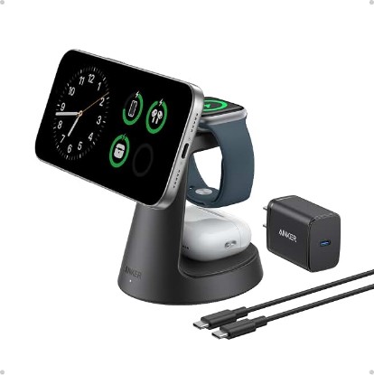 Picture of Anker MagSafe Charger Compatible, MagGo 3-in-1 Qi2 15W Charging Station | Wireless Charger, Magnetic Charging Stand for iPhone 17 / 16 / 15 Series, Apple Watch, AirPods, and More (Adapter Included) ClimatePartner certified
