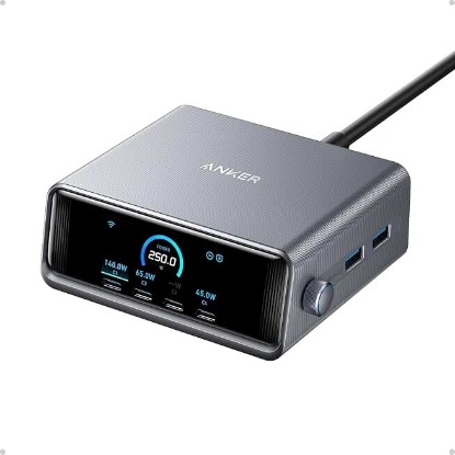 Picture of Anker Prime Charging Station, 250W 6-Port GaN USB C Charger | 2.26" LCD Smart Display Control, Compatible with iPhone, Galaxy, MacBook, Dell for Home Office, Gaming Desk Accessories ClimatePartner certified