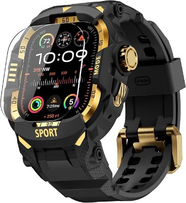 Picture of DABAOZA Rugged Case with Band Men Tactical Compatible with Apple Watch 49mm | Screen Protector Military Grade Shockproof Bumper Men Tactical Heavy Duty Strap,for iWatch Ultra 3/2/1,Black Gold 49MM
