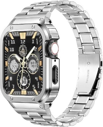 Picture of MioHHR Stainless Steel Band with Case for Apple Watch Bands 44mm/42mm | Rugged Strap and Metal Protective Cover Compatible with iWatch Bands Series 6/5/4/SE/3/2/1 for Men Silver,Durability
