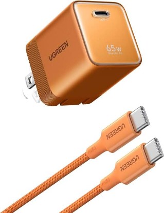 Picture of UGREEN Nexode Air 65W USB C GaN Charger Block with 3.3ft Cable, Orange | Mini Size(1.22×1.30×1.59''), Foldable Plug, Fast Charging for MacBook Air/Pro, iPhone 17/16, Galaxy S26/S25, iPad, Steam Deck