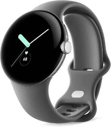 Picture of Google Pixel - Android Smartwatch with Fitbit Activity Tracking - Heart Rate Tracking Watch - Polished Silver Stainless Steel case with Charcoal Active band - LTE