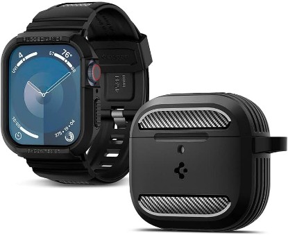 Picture of Spigen Rugged Armor Pro Designed for Apple Watch Case with Band 45mm/44mm and AirPods 4 Case Bundle - Black