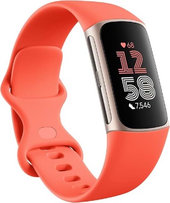 Picture of Google Fitbit Charge 6 - Fitness Tracker - Gold/Coral | Google apps, heart rate on exercise equipment, 3-month Google Health Premium membership included, small and large bands