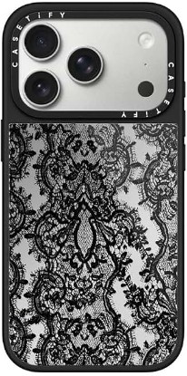 Picture of CASETiFY for iPhone 17 Pro Case - Metallic Glaze MagSafe Compatible | Scratch-Resistant | Reflective | 4.9 ft. Drop Protection | Lace Pattern | Silver On Black