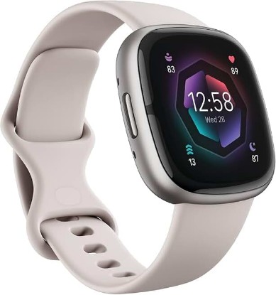 Picture of Fitbit Sense 2 Advanced Health and Fitness Smart Watch (Lunar White) with Manage Stress, ECG, SpO2, GPS, S & L Bands, Bundle with Charger Dock, Wall Adapter, 2 Screen Protectors & PremGear Cloth