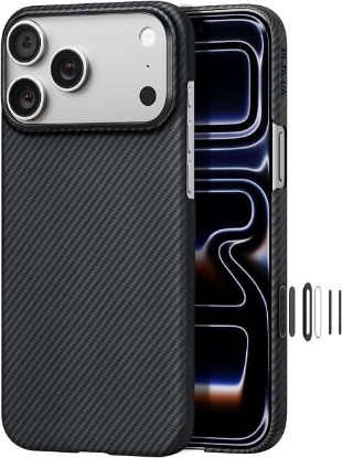 Picture of pitaka for iPhone 17 Pro Max Case 6.9", Caseless Feeling, Black/Grey(Twill) | Barely There Feel Ultra-Slim Case, Camera Control Button, Compatible with MagSafe, 600D Aramid Fiber Woven, Silky Texture Global Recycled Standard