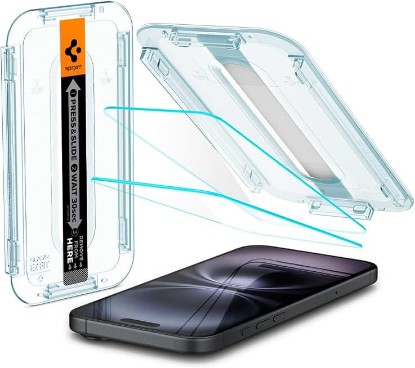 Picture of Spigen GlasTR EZ FIT Screen Protector for iPhone 16/15 | 9H+ tempered glass, Scratch resistance, auto-align tray, Lab-tested 100% clarity, Original touch, Case-friendly, 2 Pack