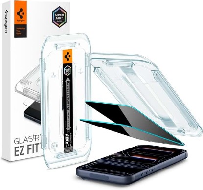 Picture of Spigen GlasTR EZ FIT Privacy Screen Protector for iPhone 17 Pro, 17, 16 Pro | AluminaCore Aluminum-enhanced 10H+ Tempered Glass, Privacy Filter, Auto-align tray, Original touch, Case-friendly, 2 Pack