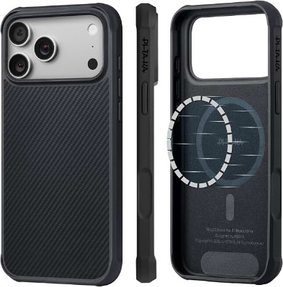 Picture of pitaka for iPhone 17 Pro Max Case, Military-Grade Aramid Fiber, Black/Grey | Camera Control Button, Compatible with MagSafe, 600D Aramid Fiber Woven, Slim Rugged Protection, Shockproof Global Recycled Standard