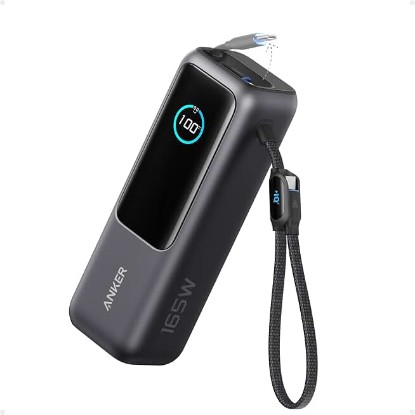 Picture of Anker Laptop Power Bank, 25,000mAh Travel Essential with 165W Total Output | 3 USB-C Ports with 100W Max Each, Built-In Retractable Cables, Flight-Ready, for iPhone 17 Series ,MacBook, and More ClimatePartner certified