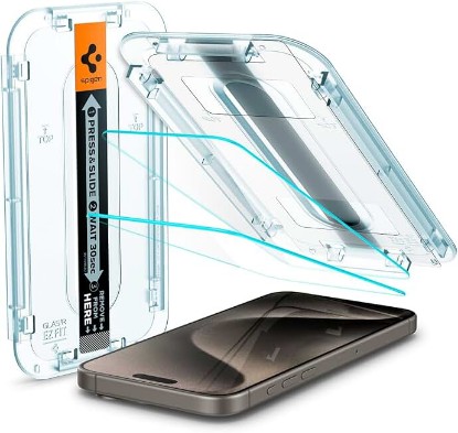 Picture of Spigen GlasTR EZ FIT Tempered Glass Screen Protector for iPhone 15 Pro Max | 9H+ Tempered glass, Scratch resistance, Auto-align tray, Lab-tested 100% clarity, Original touch, Case-friendly, 2 Pack