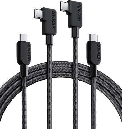 Picture of Anker USB C to USB C Right-Angle Cable, 240W (2-Pack, 6 ft, Black) | 90-Degree Braided USB C Charging Cord for iPhone 17 Series and More