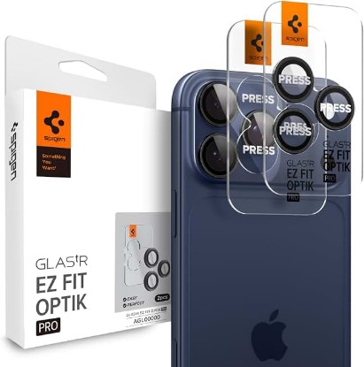 Picture of Spigen Camera Protector for iPhone 17 Pro Max, 17 Pro, 16 Pro Max, 16 Pro | GlasTR EZ Fit Optik Pro, 9H+ Tempered glass, Scratch resistant, Auto-align tray, Case-friendly-Black [2 Pack]