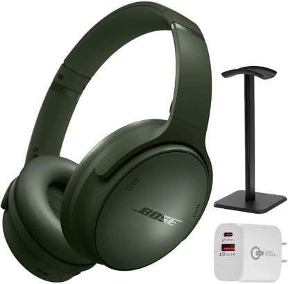 Picture of Bose QuietComfort Headphones - Wireless Bluetooth Headphones, Active Over Ear Noise Cancelling and Mic, Deep Bass Bundle + Desktop Headphone Stand + Green Extreme Dual Wall Charger (Cypress Green)