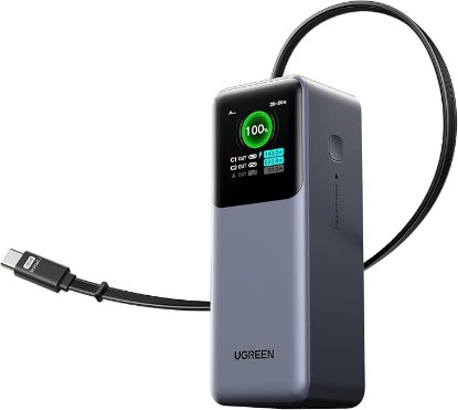 Picture of UGREEN Nexode 20000mAh 165W Power Bank for MacBook Pro 16, Built-in Cable | Built-in USB-C cable, 100W input recharge. 3-port Fast for MacBook, iPad Pro, Galaxy S26, Dell, HP ClimatePartner certified