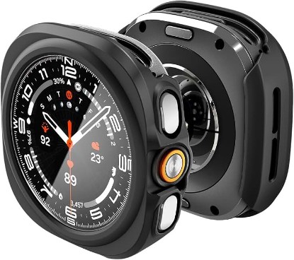 Picture of Spigen Thin Fit 360 for Samsung Galaxy Watch Ultra 2 Case (2026) | Touch Sensitive Tempered Glass Screen Protector Slim Lightweight Protective Scratch Resistant PC Cover - Black