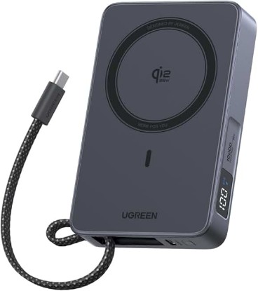 Picture of UGREEN MagFlow 10000mAh Qi2 25W Wireless Power Bank Built-in Cable | Qi2 25W wireless, built-in cable, 30W PD wired. MagSafe compatible. Grey. for iPhone 17/12