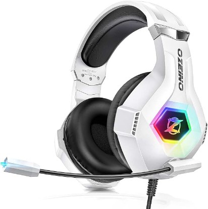 Picture of Ozeino Gaming Headset for PC, Ps4, Ps5, Xbox Headset with 7.1 Surround Sound Gaming Headphones with Noise Canceling Mic, LED Light Over Ear Headphones for Switch, Xbox Series X/S, Laptop, Mobile White