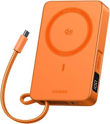Picture of UGREEN MagFlow 10000mAh Qi2 25W Wireless Power Bank Built-in Cable | Qi2 25W wireless, built-in cable, 30W PD wired. MagSafe compatible. Orange for iPhone 17/12