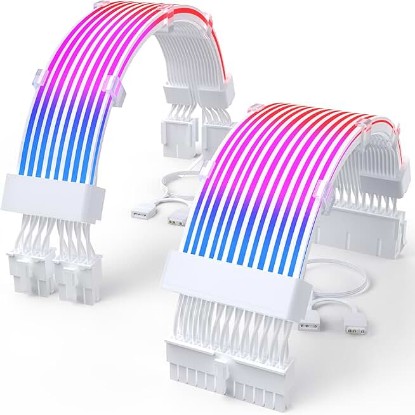 Picture of Sirlyr RGB PSU Extension Cables,with 24 ATX/2×8 Pin PCIE | 16AWG PVC sleeved cables,24Pin ATX & dual 8Pin PCIe,built-in ARGB LED Strips for PC case decoration