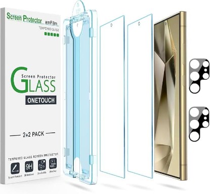 Picture of amFilm OneTouch for Samsung Galaxy S24 Ultra Screen Protector TemperedGlass | Auto-Alignment, 30s Install, Bubble Free, Scratch & Drop Protection, HD Clear, Camera Lens Protector, 2+2 Pack (S24U-6.8'')