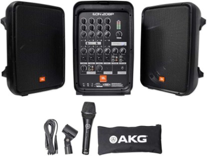 Picture of JBL Professional EON208P Portable All-in-One Dual Speaker, 2-way PA System with AKG Vocal Microphone, 8-Channel Mixer and Bluetooth, Black