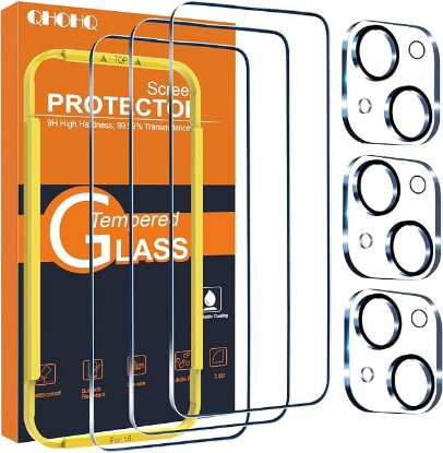 Picture of QHOHQ 3 Pack Screen Protector for iPhone 15 [6.1 Inch] with 3 Pack Camera Lens Protector, Tempered Glass Film, HD Clear, 9H Hardness, No Bubbles, Case Friendly Global Recycled Standard