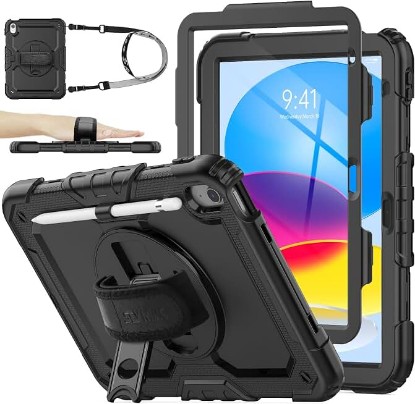 Picture of SEYMAC stock Case for iPad (A16) 11th/10th Generation 11''/10.9'' 2025/2022, Full-Body Drop Protection Case with Screen Protector &360° Rotate Hand Strap/Stand, Black