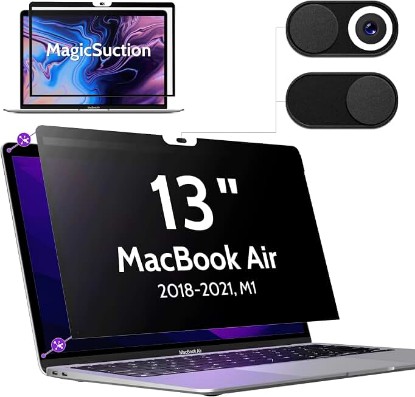 Picture of Peslv Privacy Screen for MacBook Air 13 Inch (2018-2021, M1) & MacBook Pro 13 In (2016-2022, M1, M2), MagicSuction™ Removable Anti Spy Black Protector, Glare Blue Light Filter for Mac Laptop Computer