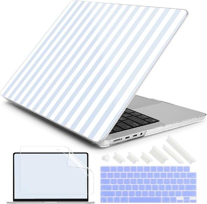 Picture of DONGKE Case for MacBook Pro 14 Inch (2026-2021 Release, M5 M4 M3 M2 M1 Pro/Max Chip), Plastic Slim Hard Shell Protective Cover with Keyboard Cover & Screen Protector, Blue & White Stripes