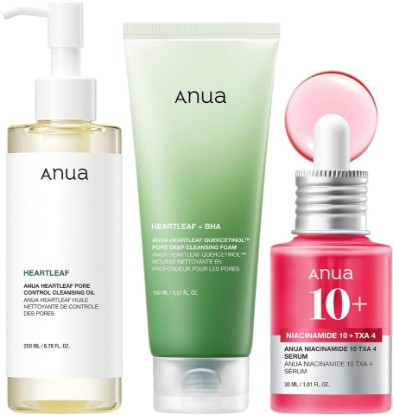 Picture of ANUA 3-Step Glass Skin Beginner Kit | Oil Cleanser and Face Wash with Facial Serum, Double Cleansing Daily Routine with Niacinamide, Korean Skincare
