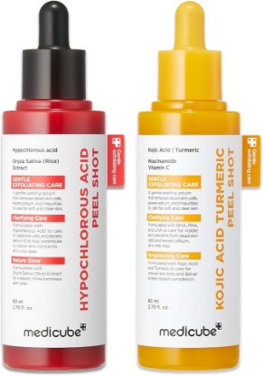 Picture of medicube Dual Peel Shot Exfoliating Duo: Hypochlorous Acid and Turmeric Facial Peel Shots | Targeted Pore, Excess Sebum & Texture Care | Soothing & Calming with HOCI & Turmeric | Hydrating Glow Care