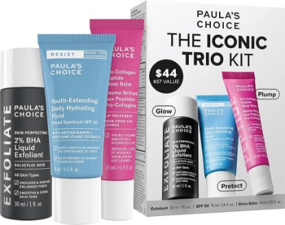 Picture of Paula's Choice The Iconic Trio Kit with SPF 50, 2% BHA & Gloss Lip Balm | Travel Size SPF 50 Sunscreen Moisturizer, 2% BHA Liquid Exfoliant & Peptide Gloss Balm, Glow & Lip Care 3 Piece Set