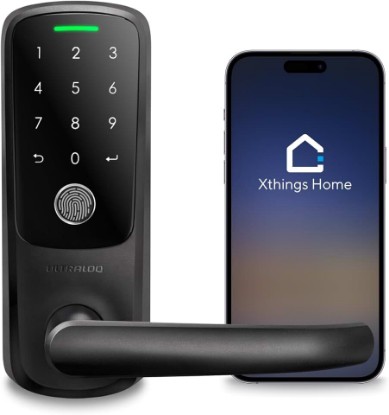 Picture of ULTRALOQ Latch 5 Smart Lock, World's First WiFi Smart Lever Lock, Auto-Lock, Touchscreen Digital Keypad, Fingerprint Door Handle for Home Front Door, Rental, Office, App Remote Control, Black