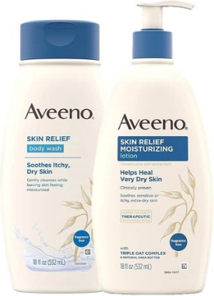 Picture of Aveeno Skin Relief Fragrance-Free Moisturizing Daily Body Wash, 18 oz & Skin Relief Fragrance-Free Moisturizing Body Lotion for Sensitive Skin, 18 oz