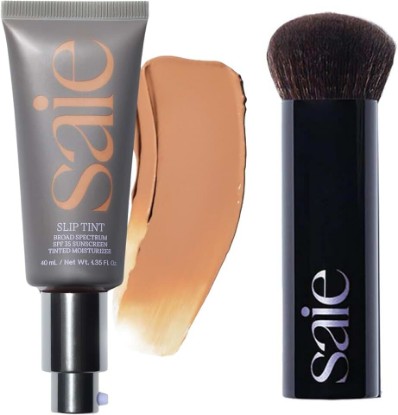 Picture of Saie Glow & Blend Duo - Slip Tint Tinted Moisturizer SPF 35 Shade Four + Half (1.35 oz), The Big Liquid Foundation Brush (1 Count), Hydrating Glow & Seamless Blending