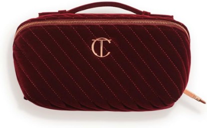 Picture of Charlotte Tilbury Travel Makeup Bag of My Dreams - Quilted Velvet Skincare, Fragrance & Cosmetic Organizer with 5 Compartments, Zip Pocket & Top Handle - Iconic Night Crimson Toiletry Bag